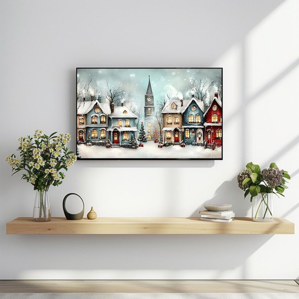 Snowy Christmas Village Street Clock Tower Watercolor Poster - Image 2