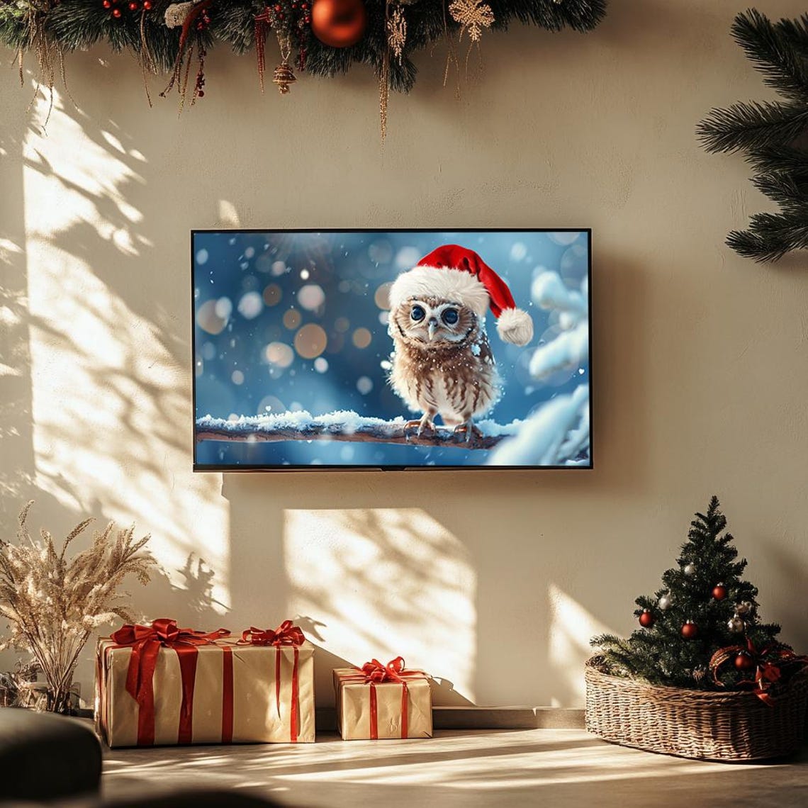 Cute Baby Owl Wearing Santa Hat Snowy Branch Winter Art Poster - Image 3