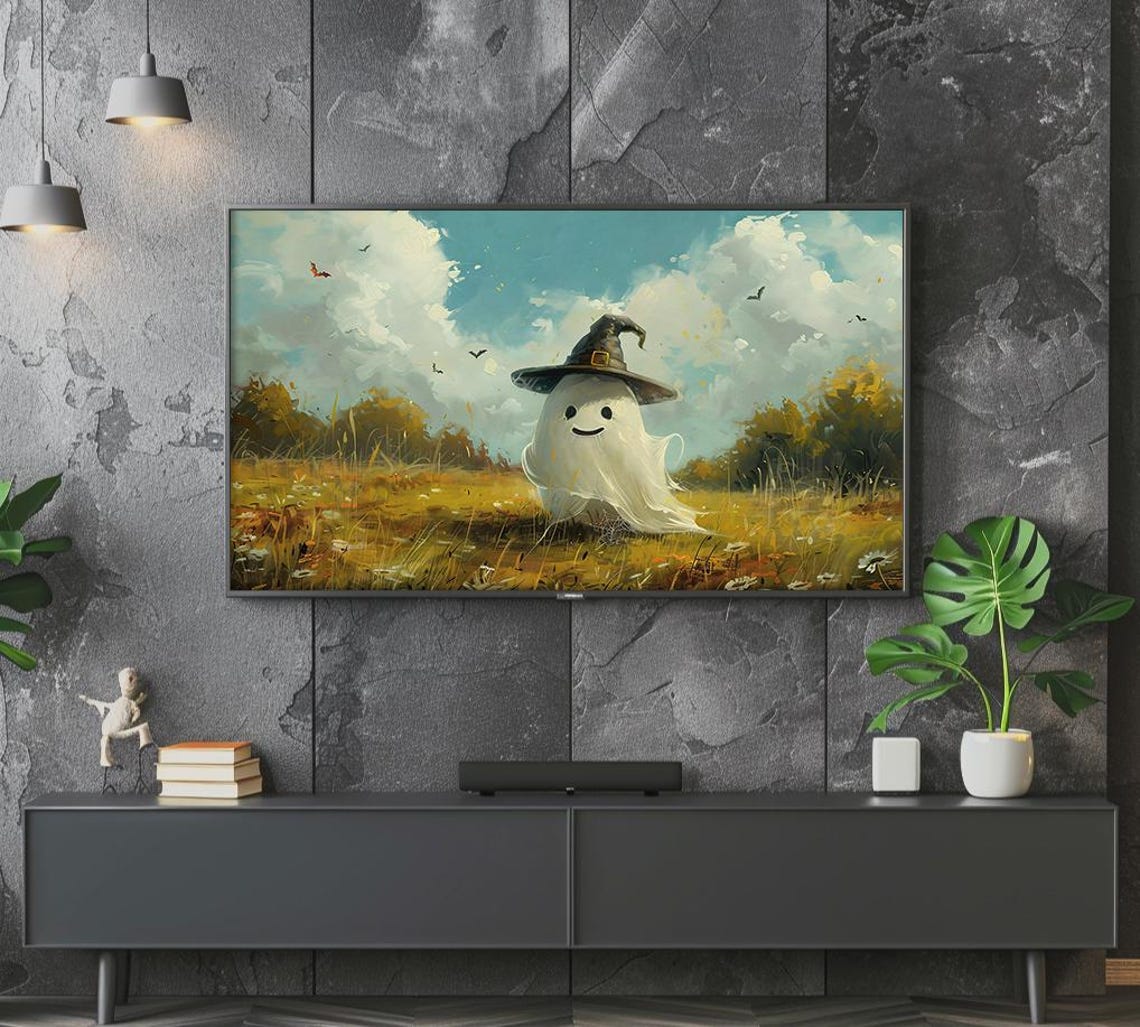 Cute Ghost Witch Hat Autumn Field Bats Whimsical Halloween Poster - Image 4