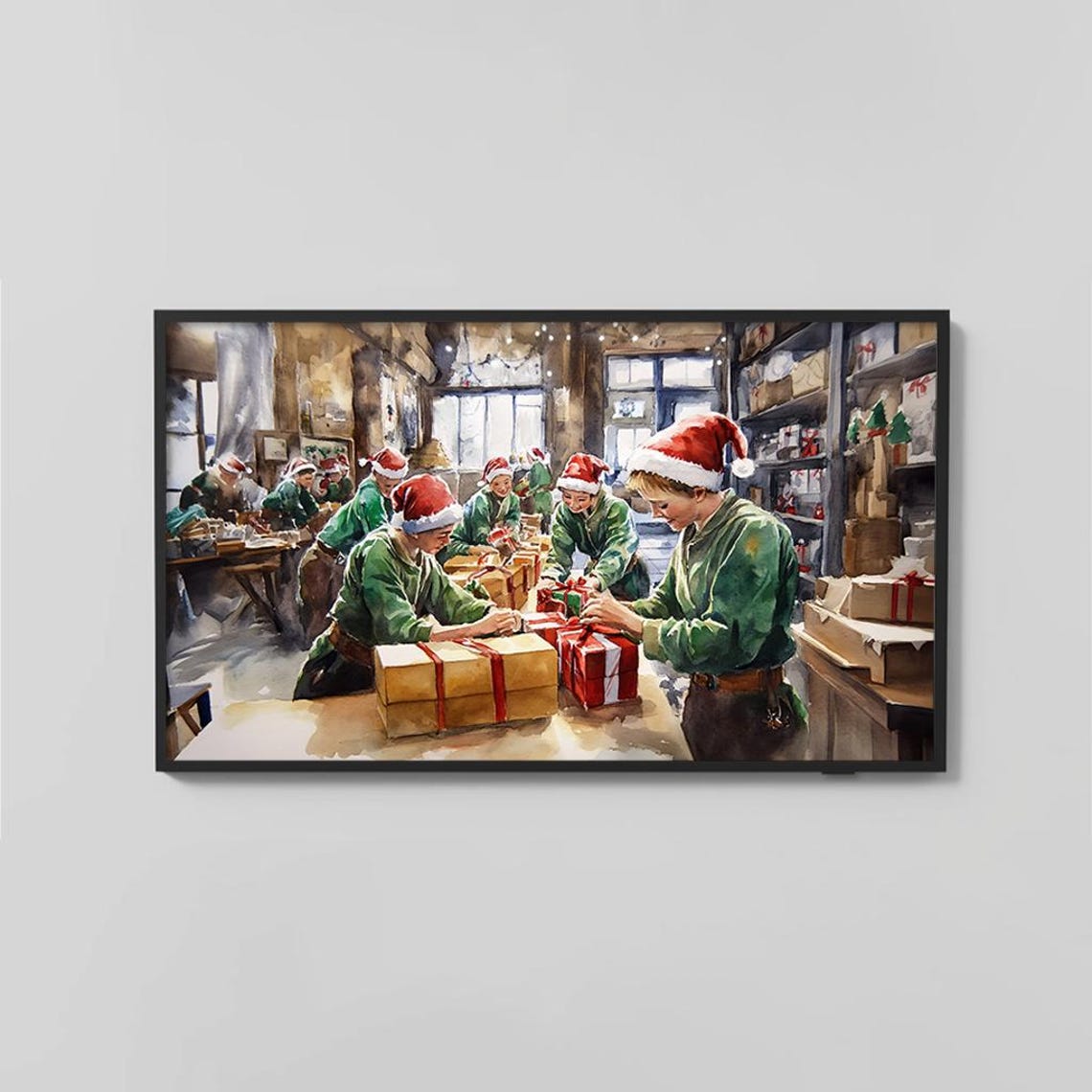 Santas Workshop Elves Wrapping Gifts Festive Watercolor Poster - Image 2