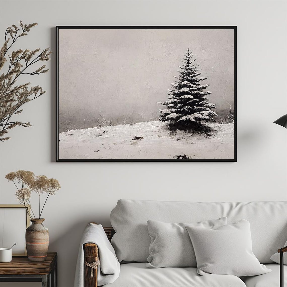 Lone Snow Covered Pine Tree Minimalist Winter Landscape Oil Poster - Image 5