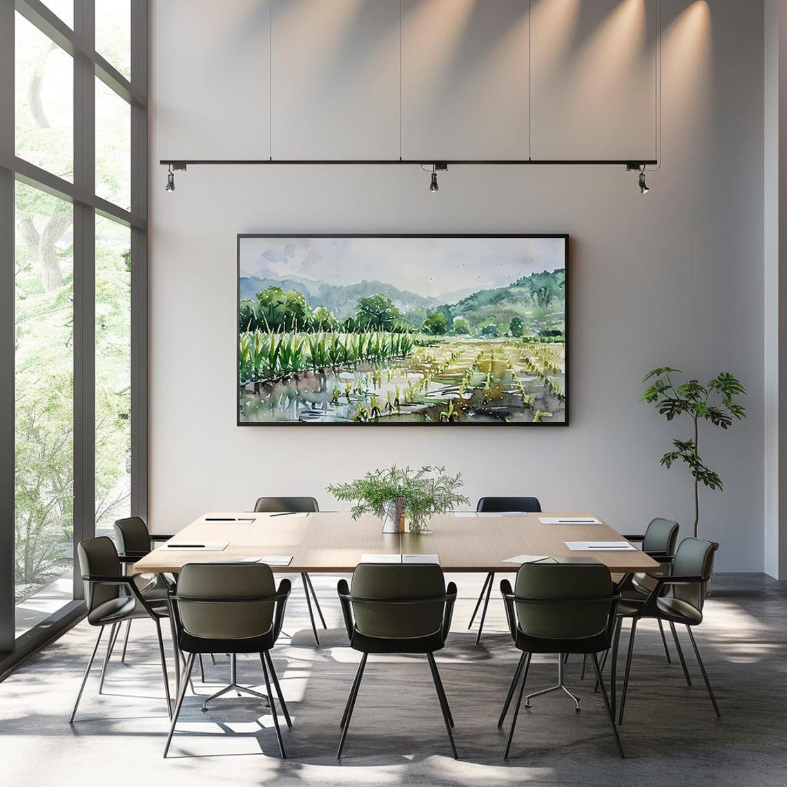Rice Paddy Watercolor Green Fields Misty Mountains Landscape Poster - Image 3