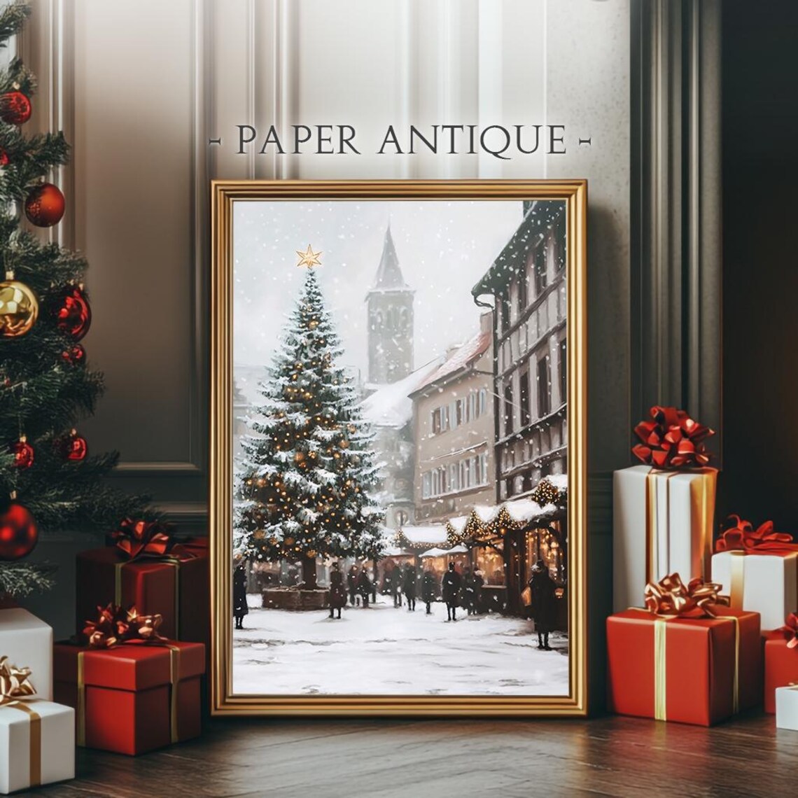 Christmas Market Snowy Tree Town Square Vintage Holiday Poster