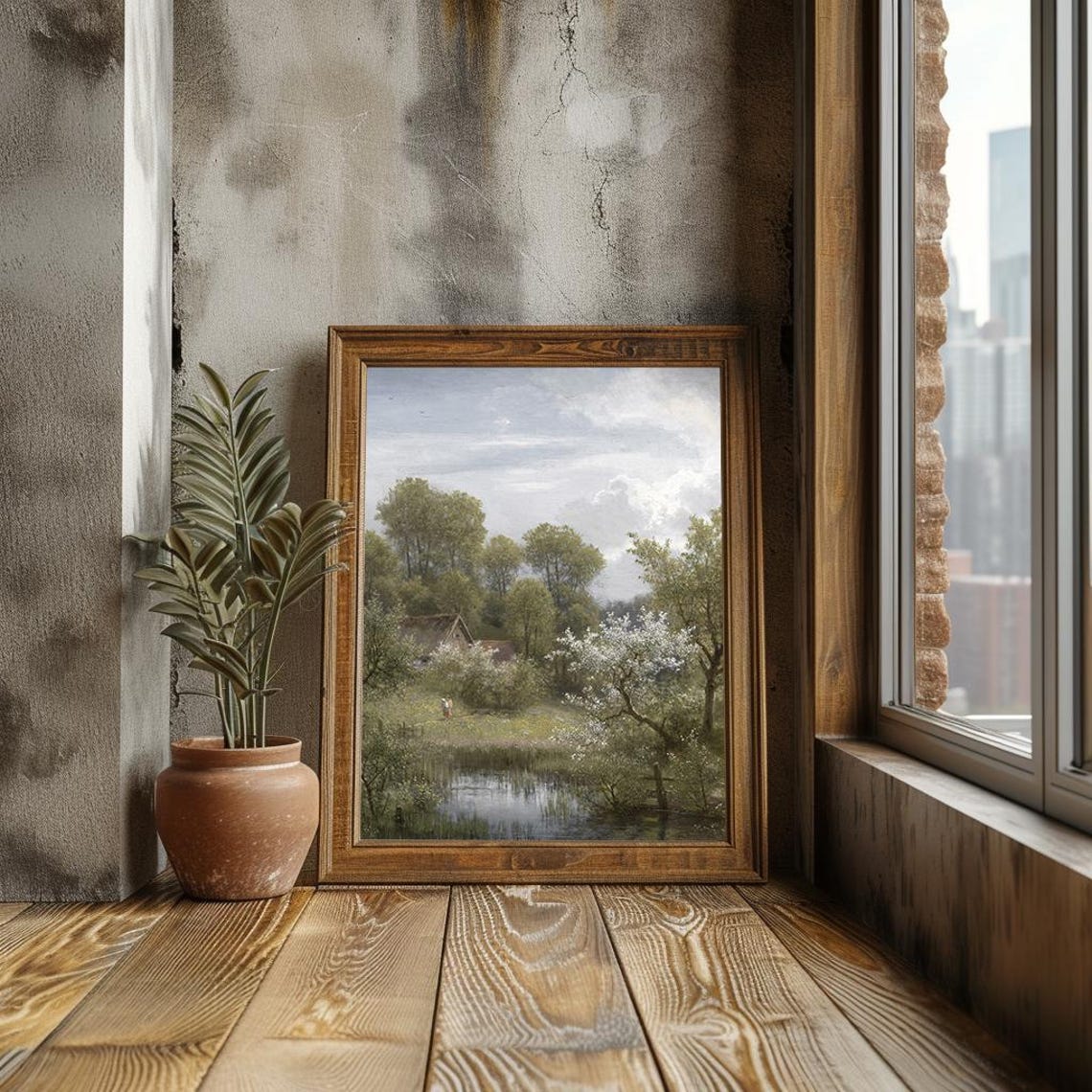 Cottage By A Pond Flowering Tree Serene Country Painting Poster - Image 3