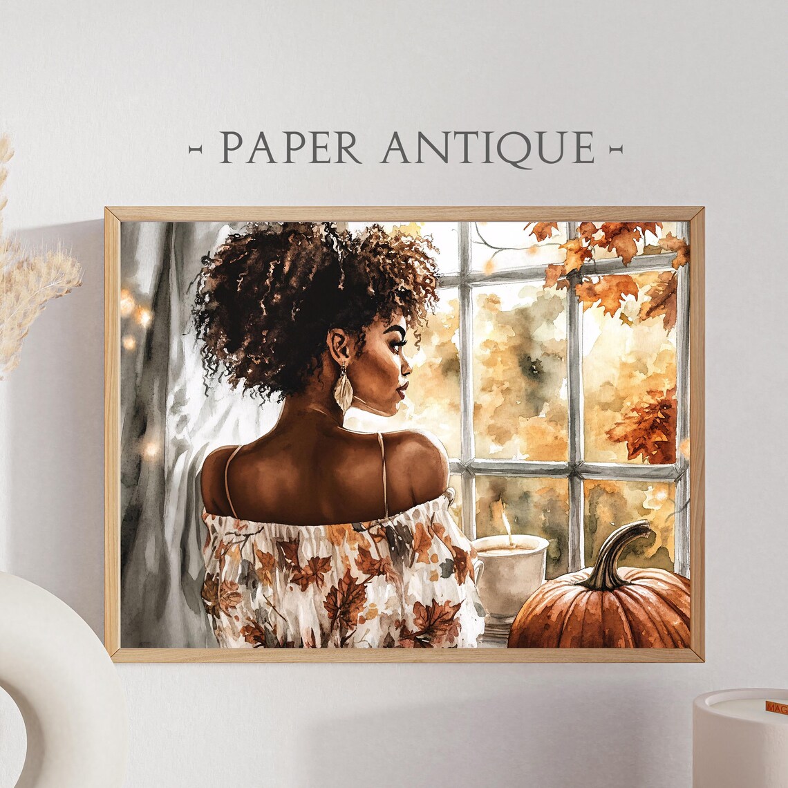 Woman Gazing Out Autumn Window Cozy Fall Watercolor Portrait Poster