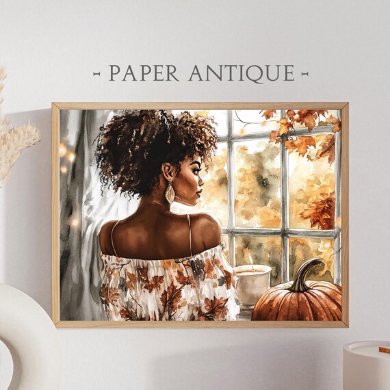 Woman Gazing Out Autumn Window Cozy Fall Watercolor Portrait Poster
