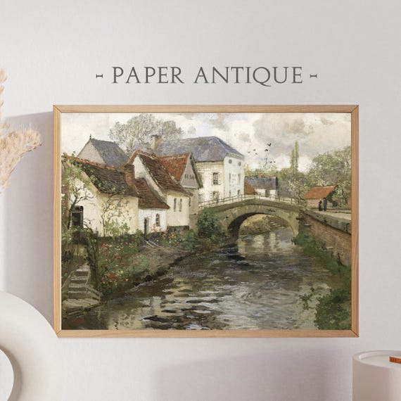 Scenic Village With Bridge And River Landscape Oil Painting Rustic Cottage Houses Art Print Instant Wall Art Ls