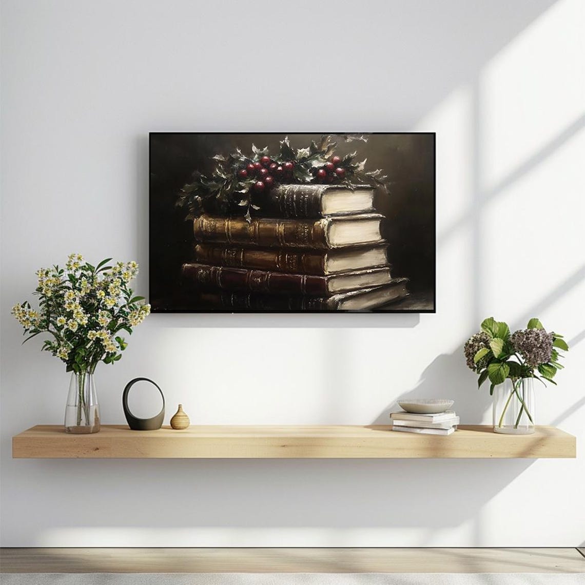 Vintage Book Stack With Holly Berries Dark Still Life Poster - Image 2