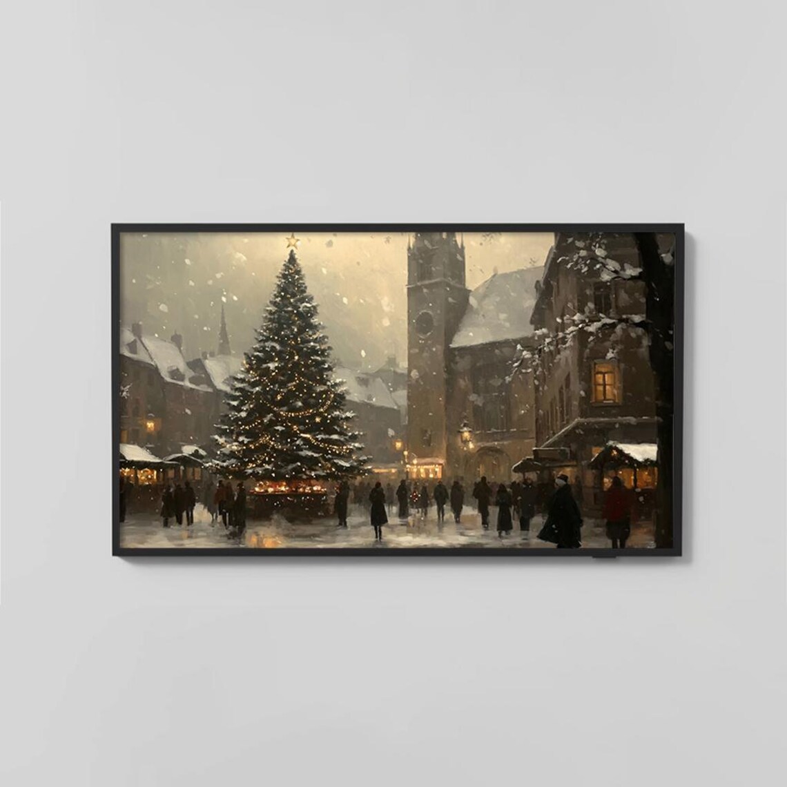Christmas Market Town Square With Grand Lit Tree Snowy Art Poster - Image 2