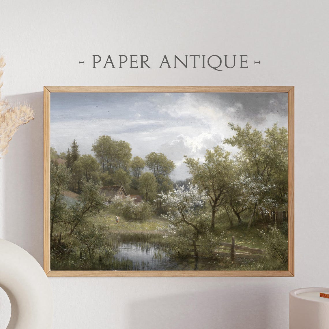 Cottage by Pond Blooming Trees Romanticism Vintage Painting Poster