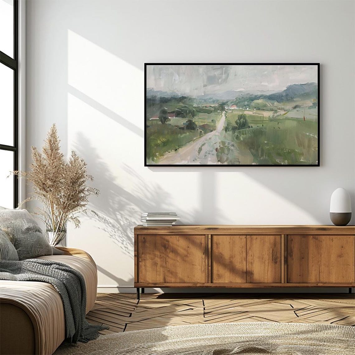 Green Country Road Through Rolling Fields Oil Painting Poster - Image 4