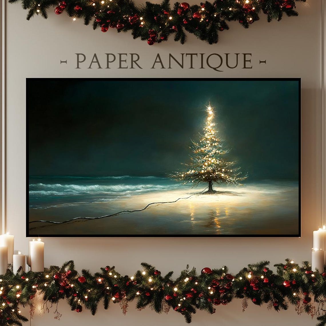 Lit Christmas Tree On Night Beach Ocean Waves Magical Holiday Poster