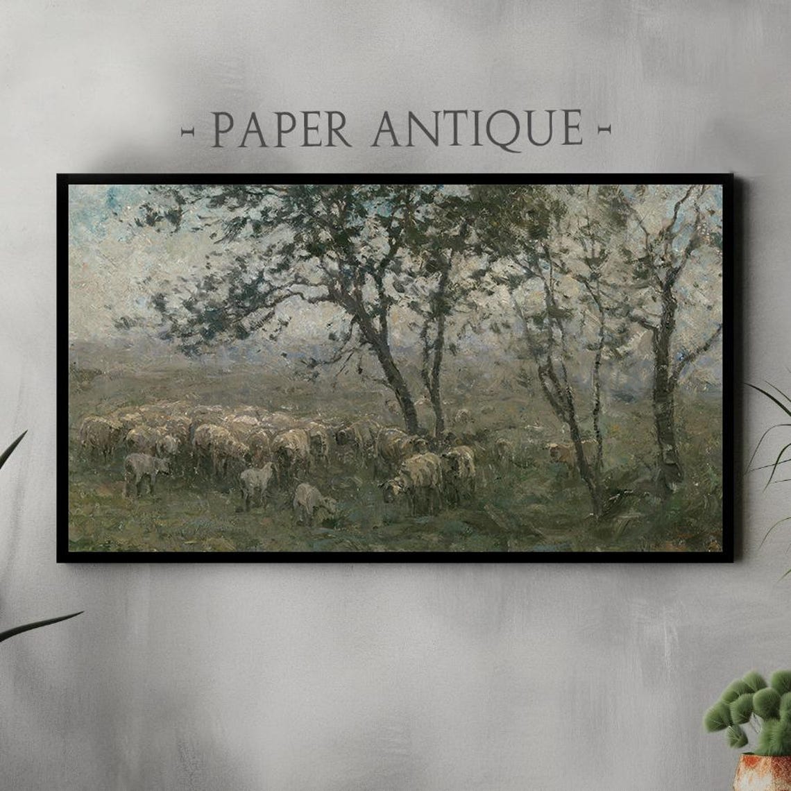 Sheep Flock Under Trees Misty Vintage Pastoral Oil Painting Poster