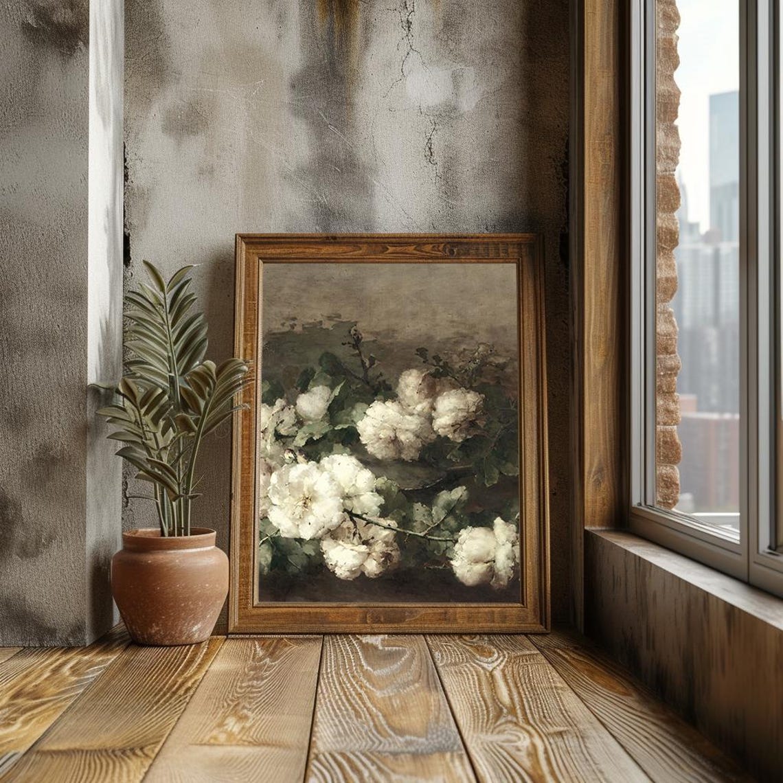 White Cotton Bolls On Branch Rustic Botanical Oil Painting Poster - Image 3