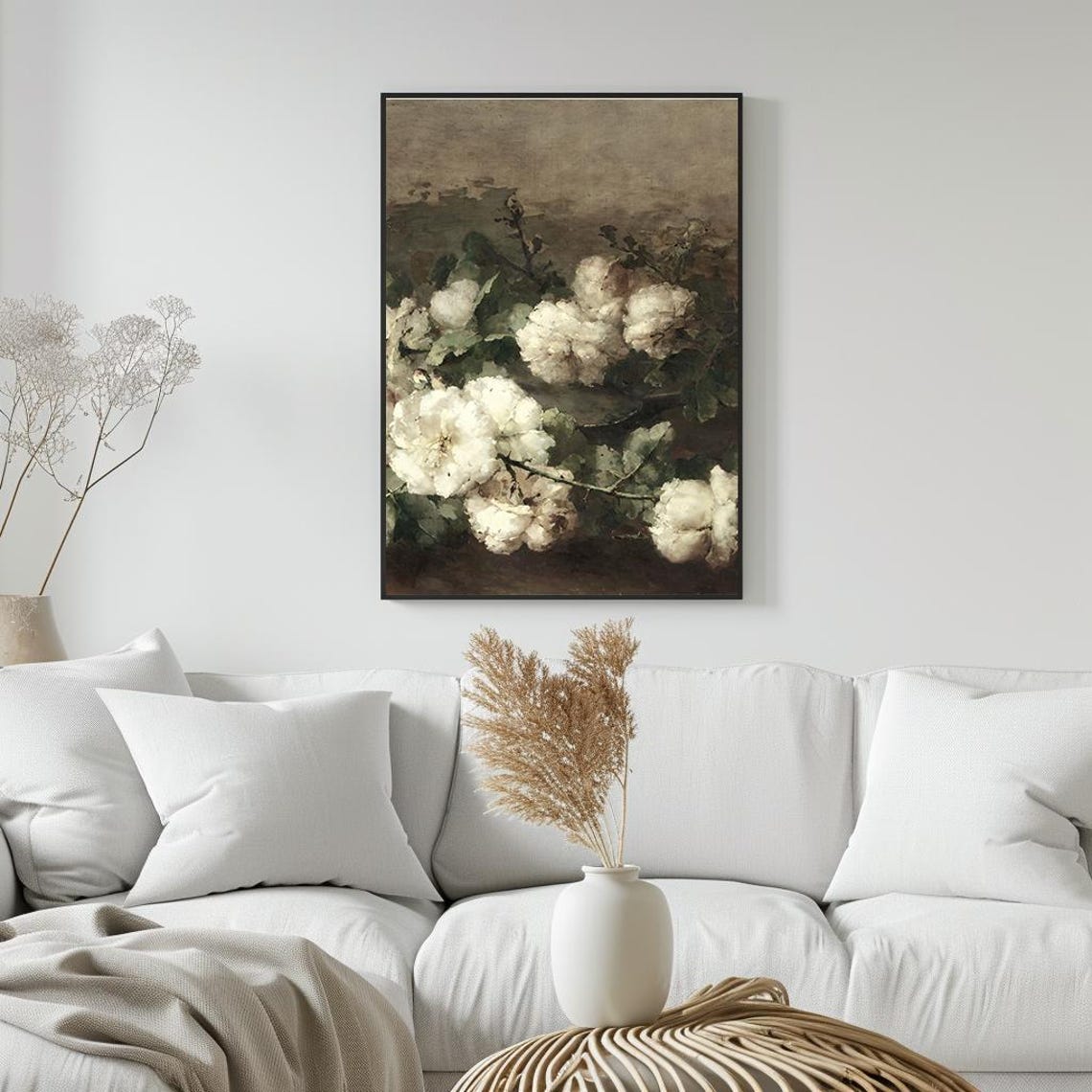 White Cotton Bolls On Branch Rustic Botanical Oil Painting Poster - Image 5