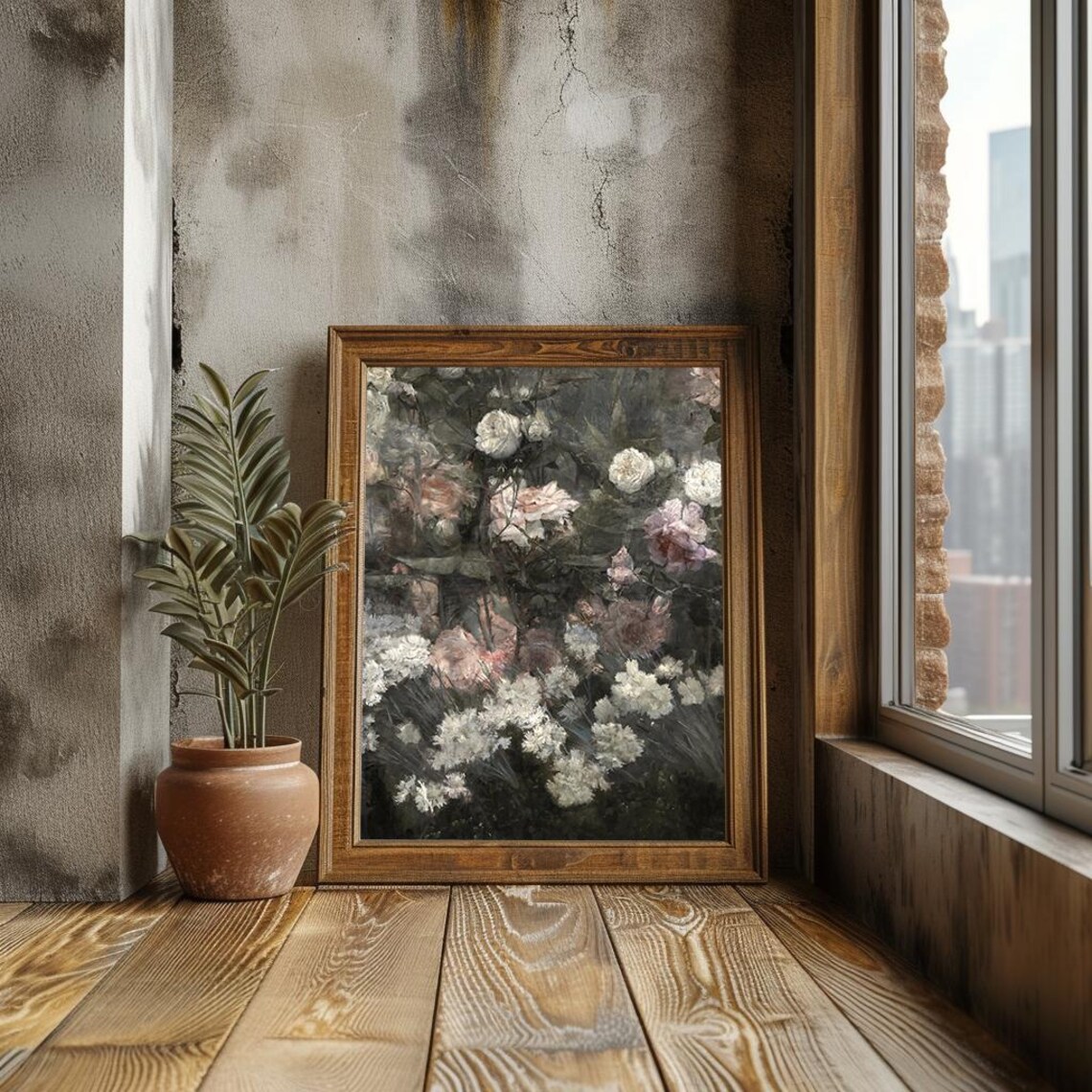 White And Pink Roses Dark Moody Vintage Floral Painting Poster - Image 3