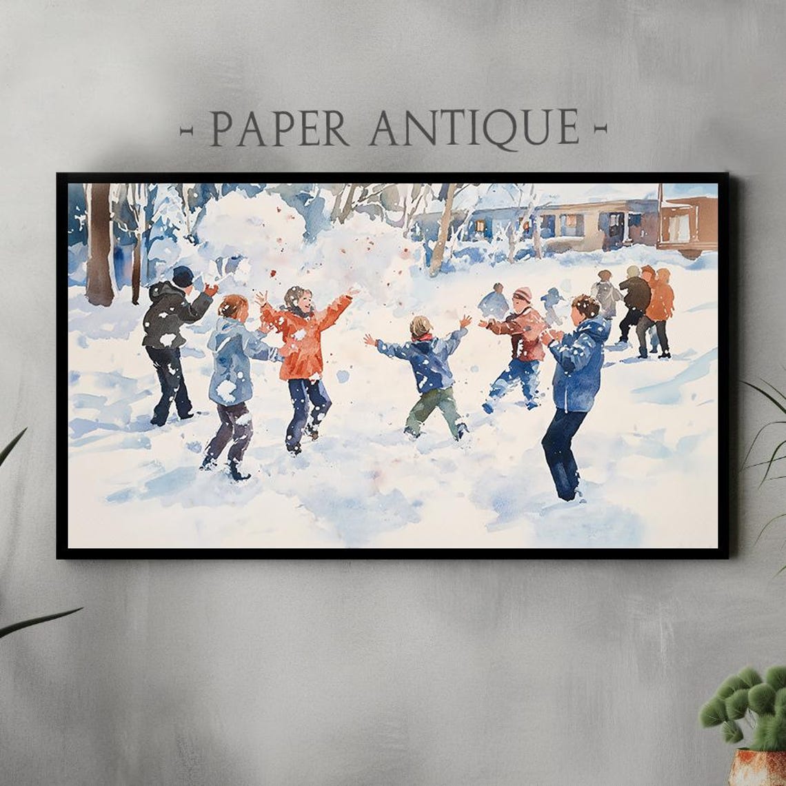 Children Snowball Fight Joyful Winter Play Watercolor Scene Poster