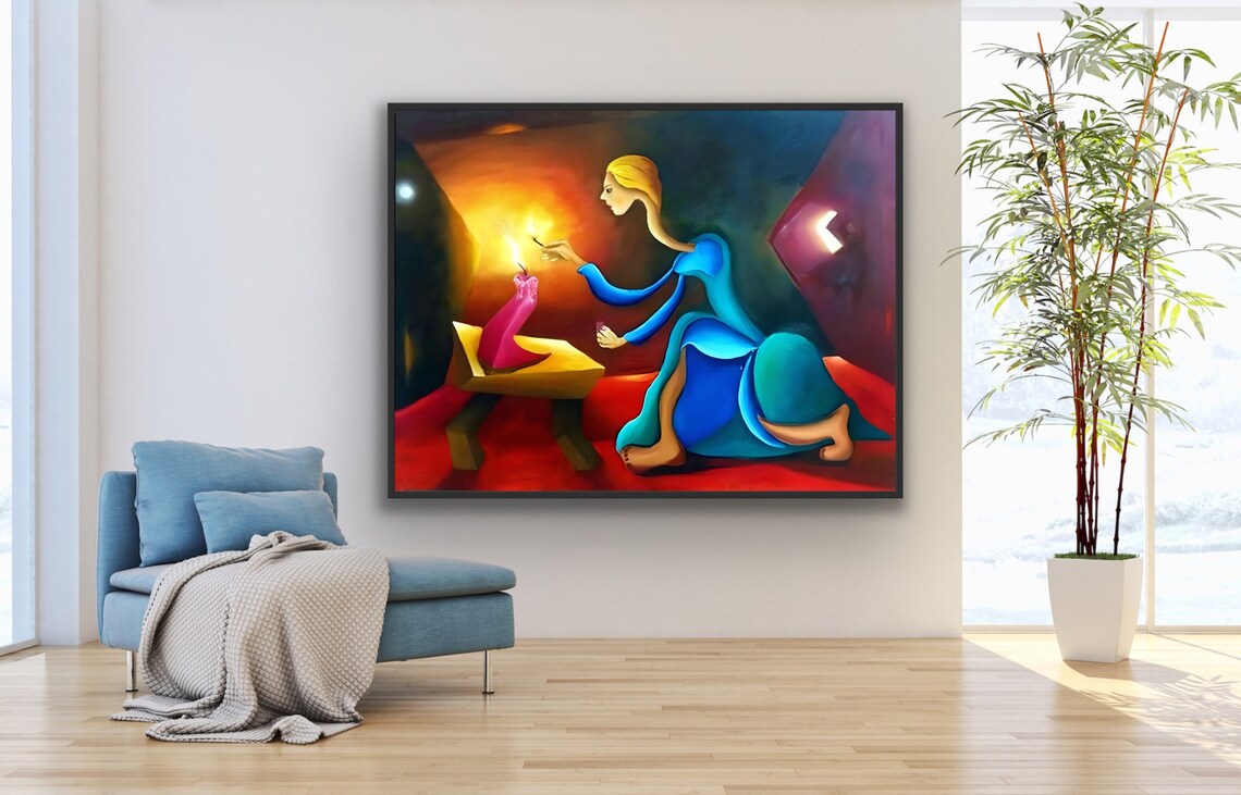 Glowing Woman Lighting Candle in the Dark Blue and Gold Poster - Image 4
