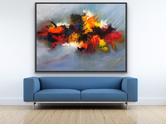 Bold Color Burst Abstract Art Blue Background Fiery Modern Splash Poster