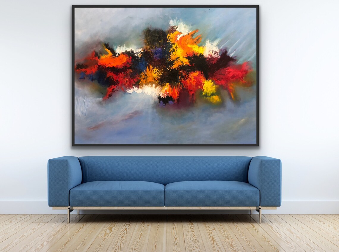 Bold Color Burst Abstract Art Blue Background Fiery Modern Splash Poster