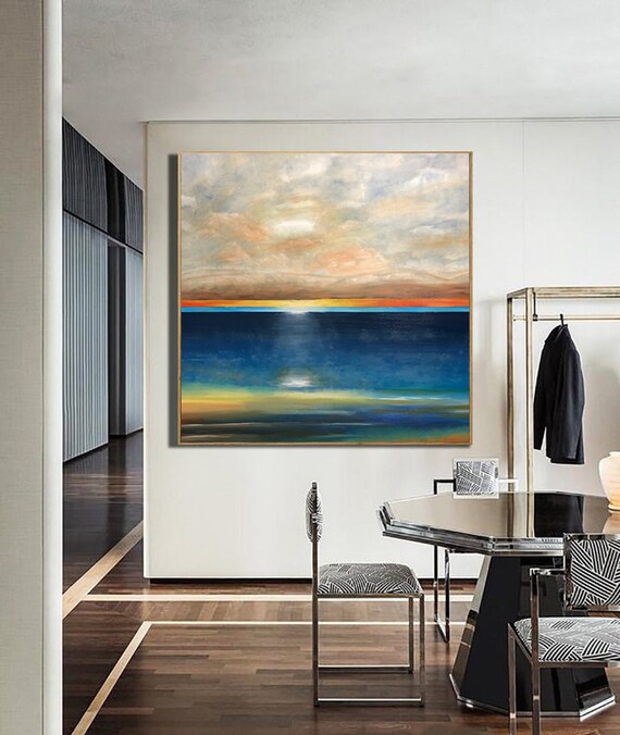 Sunset Over Deep Blue Water Square Seascape Orange Horizon Glow Poster
