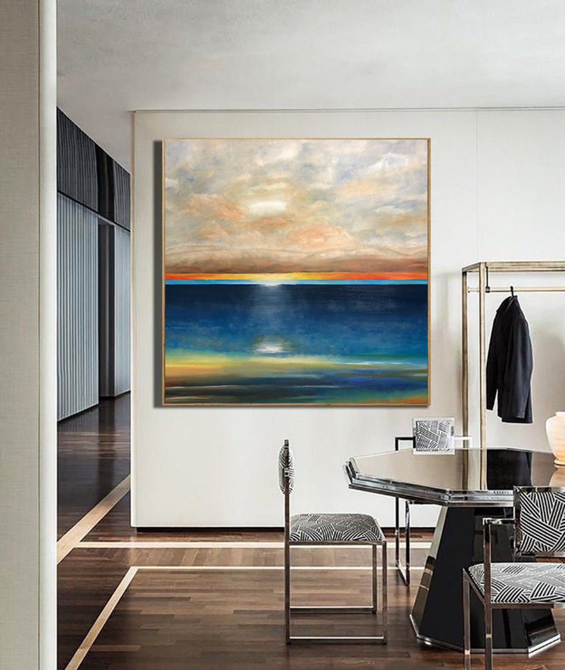 Sunset Over Deep Blue Water Square Seascape Orange Horizon Glow Poster