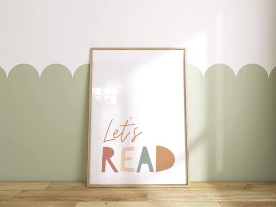 Let's Read Colorful Block Letters Kids Reading Nook Neutral Nursery Poster