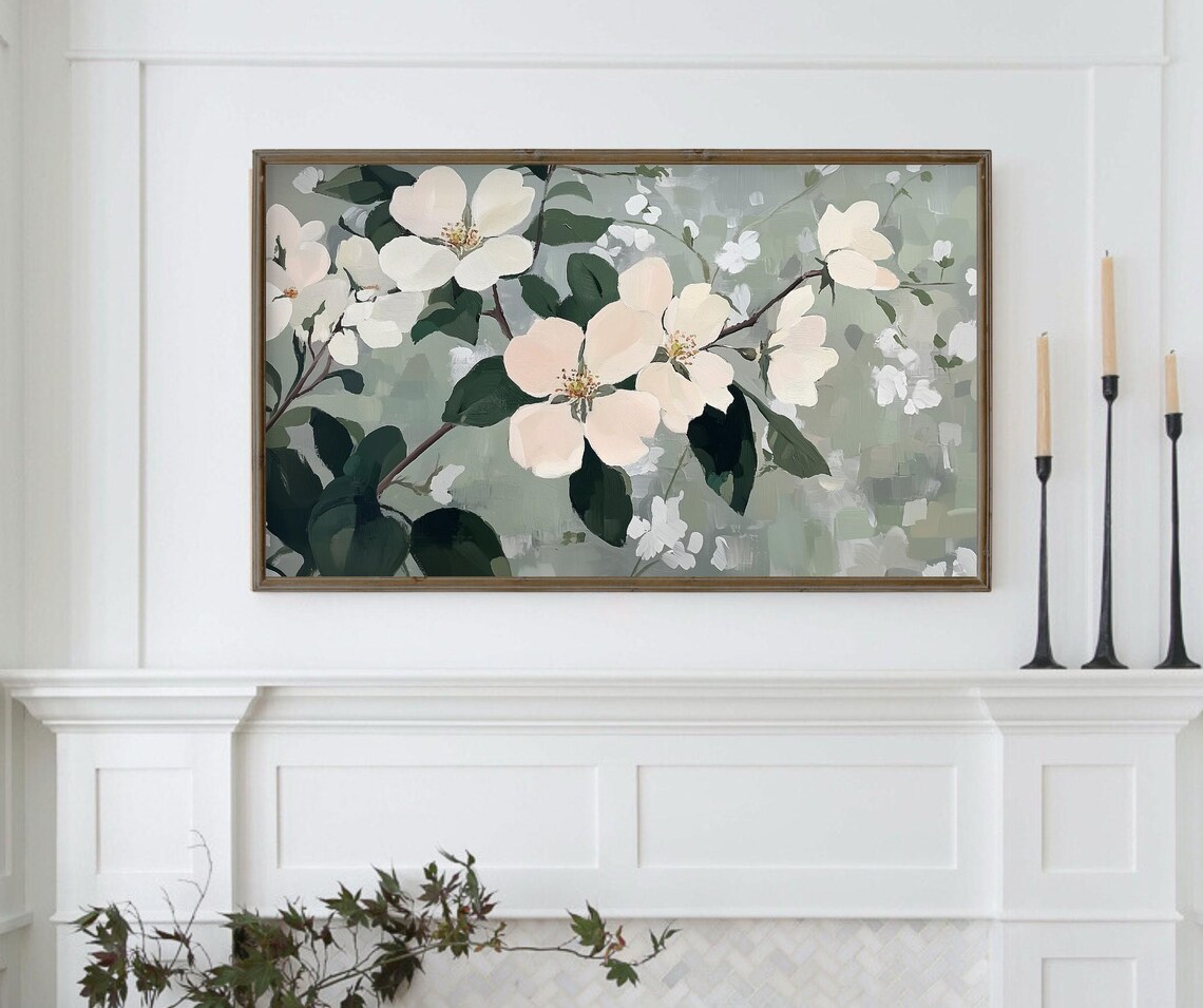 White Cherry Blossom Branch Sage Green Floral Painting Poster - Image 2
