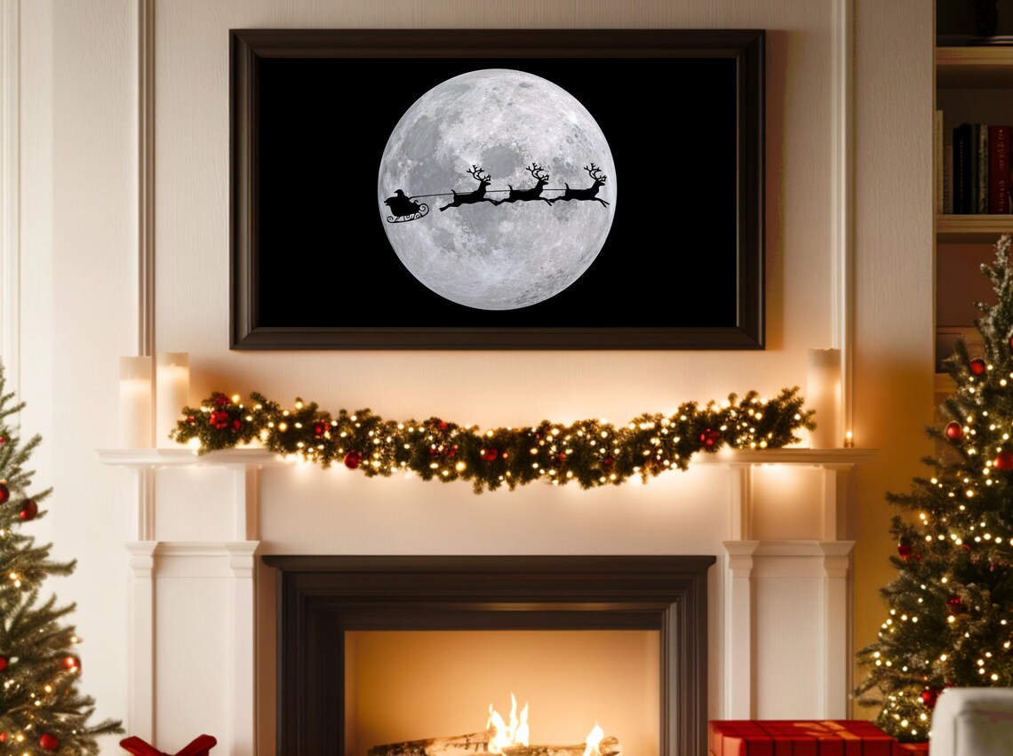 Santa Sleigh Silhouette Reindeer Flying Across Full Moon Night Poster - Image 3