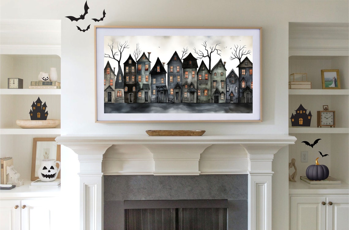 Whimsical Haunted Houses Row Glowing Windows Spooky Night Poster - Image 2