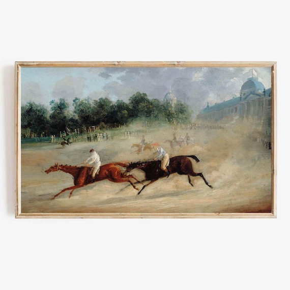 Vintage Horse Racing Oil Painting Jockeys Galloping Antique Sport Poster