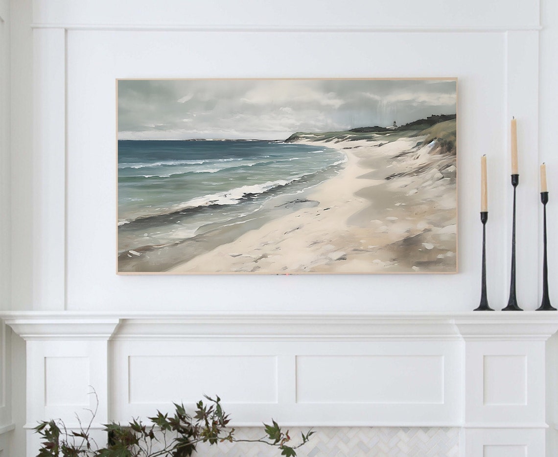 Foggy Beach With Dunes And Lighthouse Muted Blue Gray Coastal Poster - Image 4