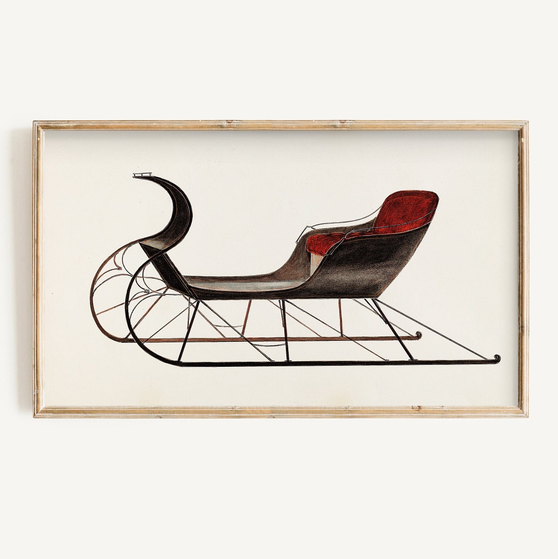 Antique Black Sleigh Red Velvet Seat Vintage Christmas Holiday Poster