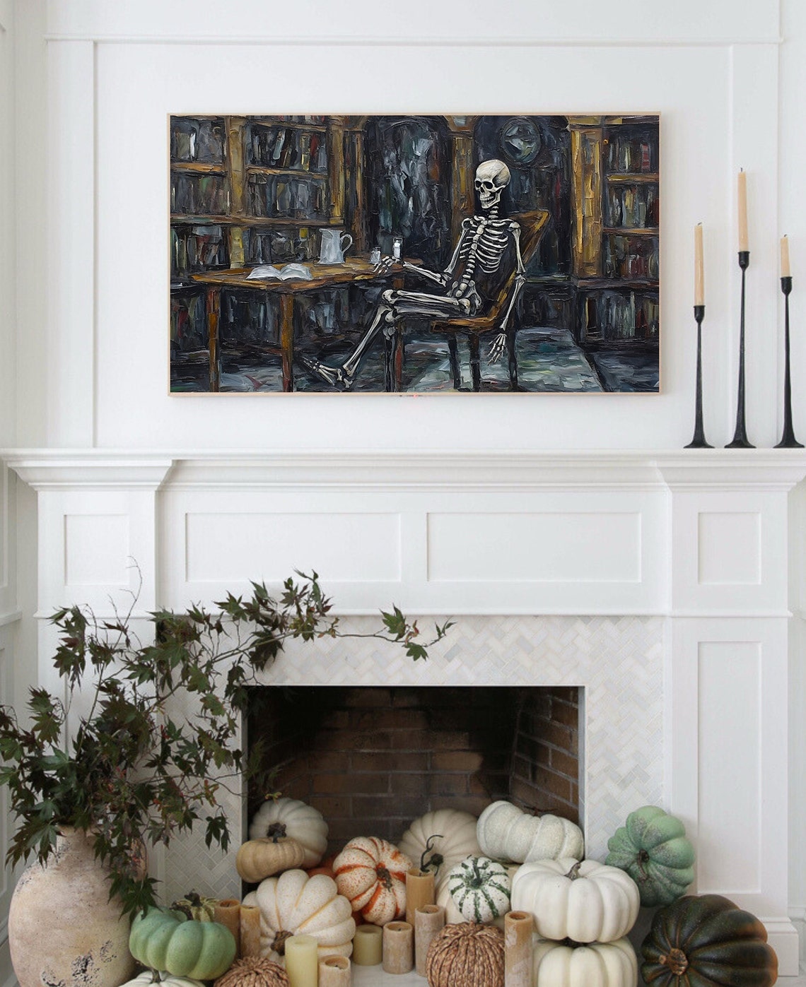 Skeleton Dark Academia Library Textured Oil Painting Spooky Poster - Image 3