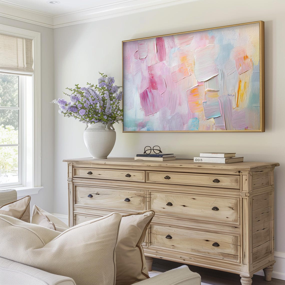 Pastel Pink Blue Impasto Abstract Modern Floral Textured Wall Art - Image 3