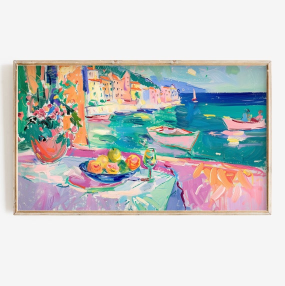 Colorful Coastal Summer Art for TV, Maximalist Decor