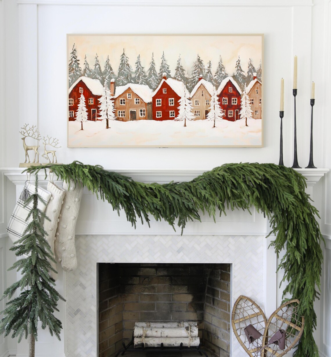 Rustic Red Christmas Houses Snowy Village Winter Landscape Poster - Image 2