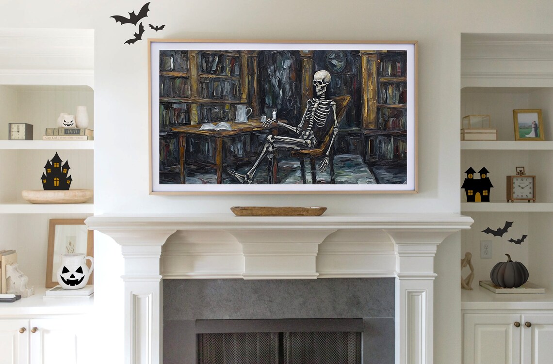Skeleton Dark Academia Library Textured Oil Painting Spooky Poster - Image 2