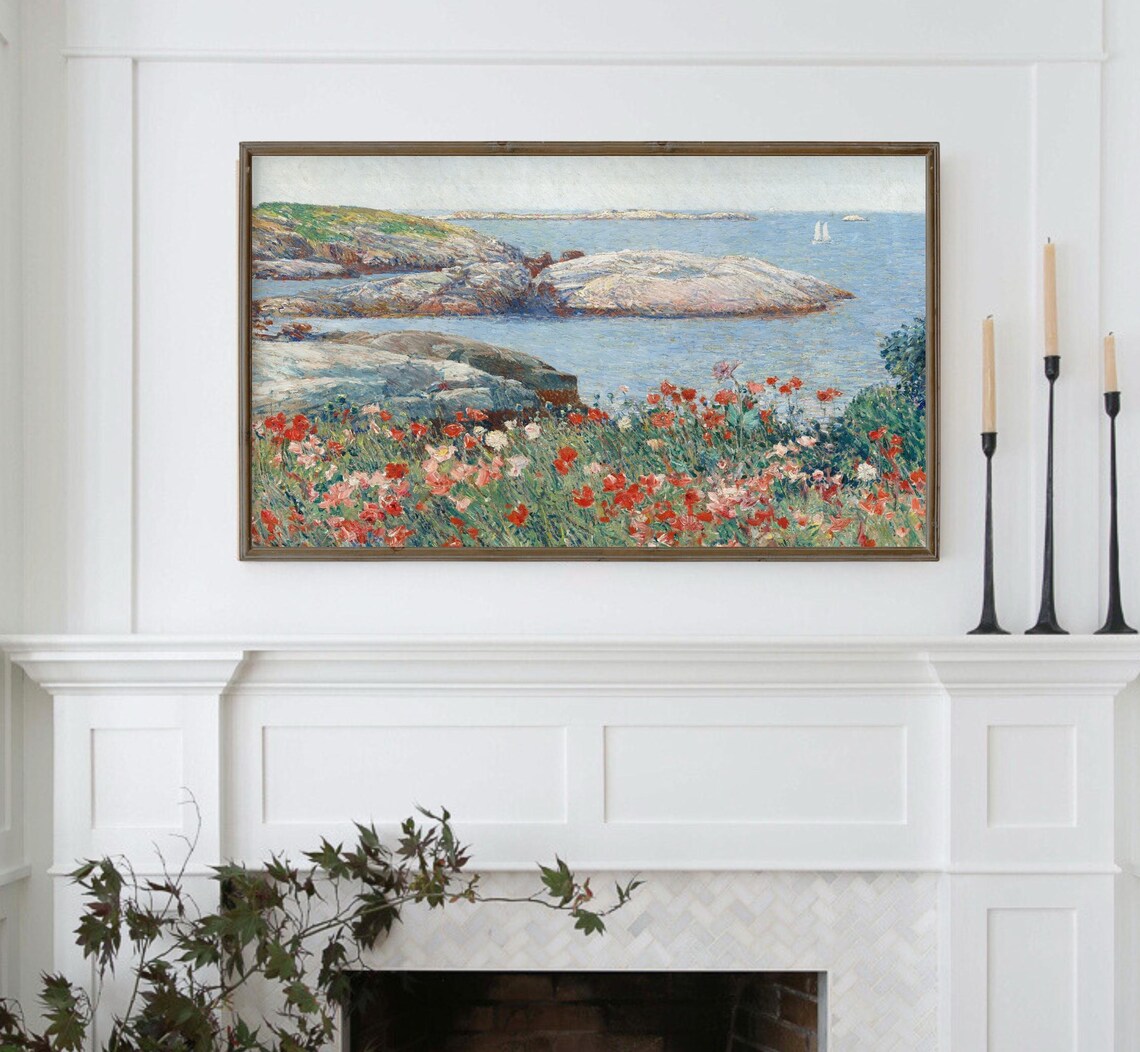 Vintage Ocean Landscape With Poppy Wildflowers Art Print - Image 4
