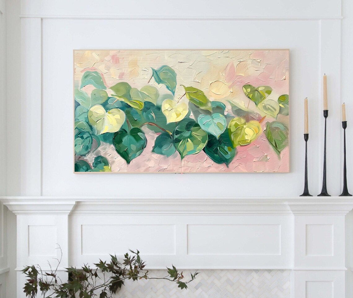 Textured Green Heart Leaves Pink Background Botanical Art Poster - Image 4