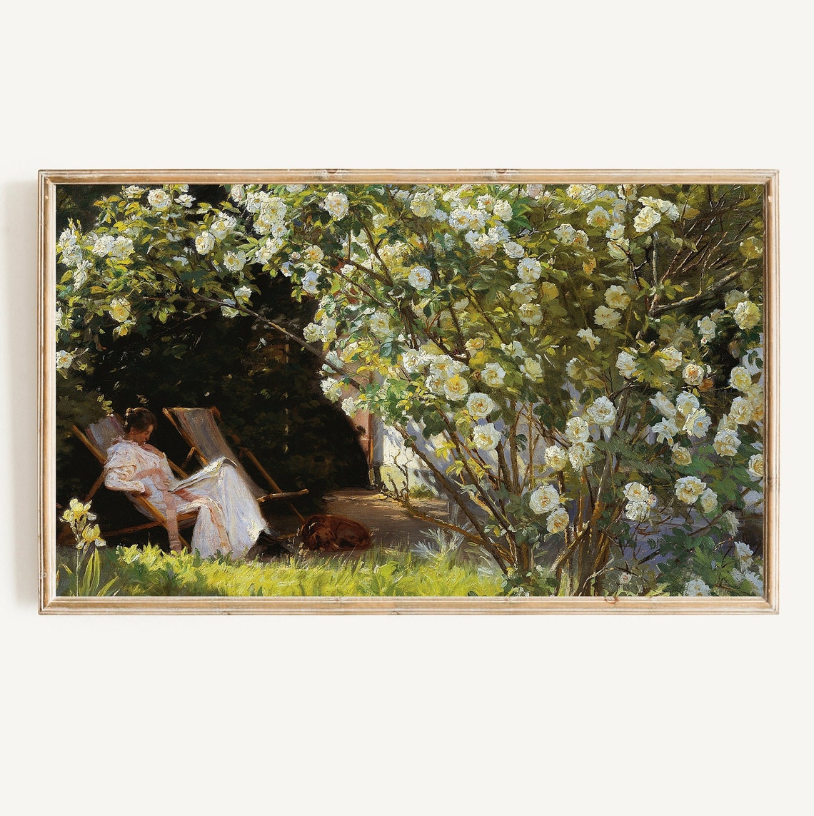 Woman Reading In White Rose Garden Vintage Impressionist Poster