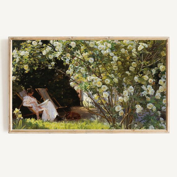 Woman Reading In White Rose Garden Vintage Impressionist Poster