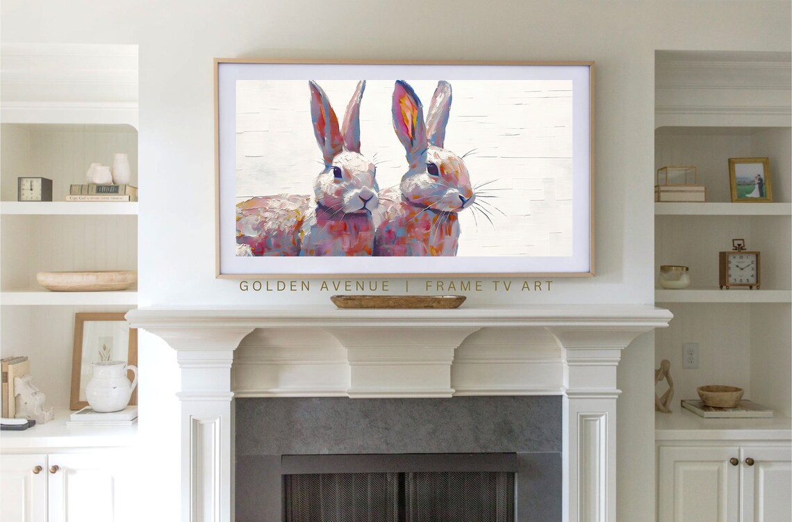 Two White Bunnies Close Up Colorful Textured Painting Poster - Image 3