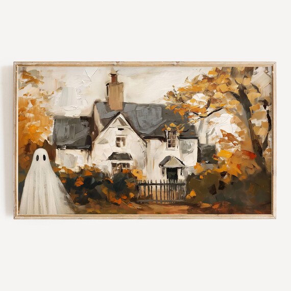 Cute Ghost Autumn Farmhouse Golden Foliage Cozy Fall Art Poster