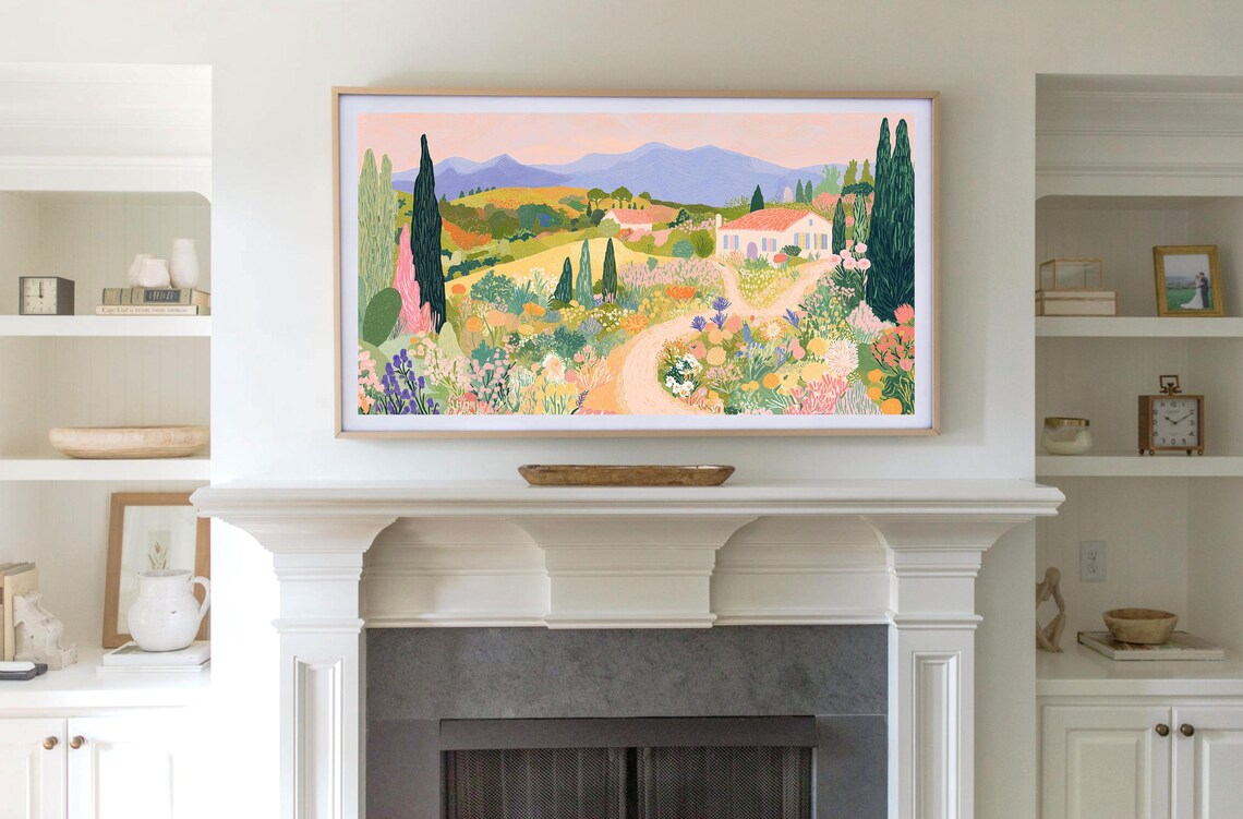 Countryside Cottage Wildflower Fields Blush Pink Hills Landscape Poster - Image 3