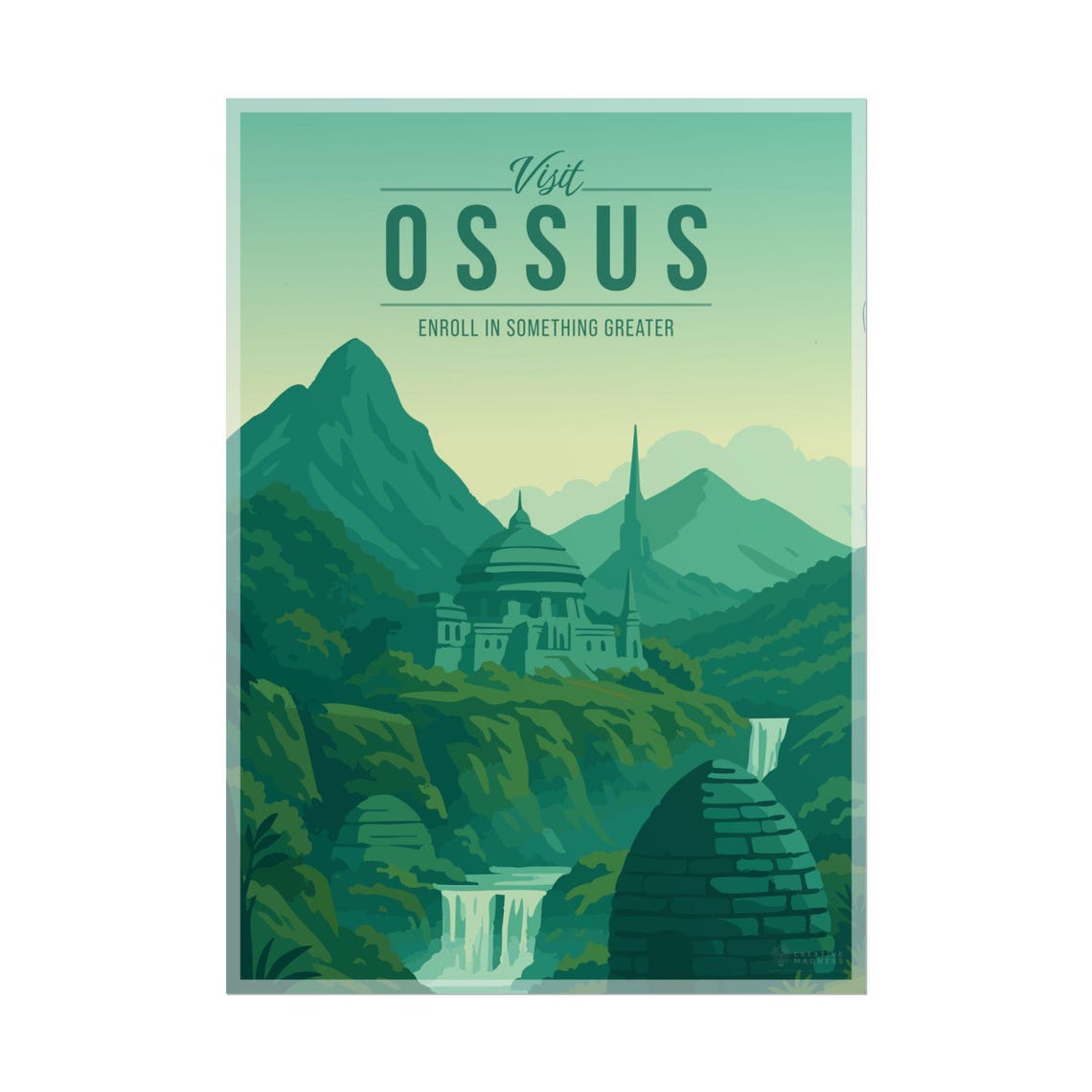 Visit Ossus Vintage Travel Poster with Jungle Temple and Waterfalls