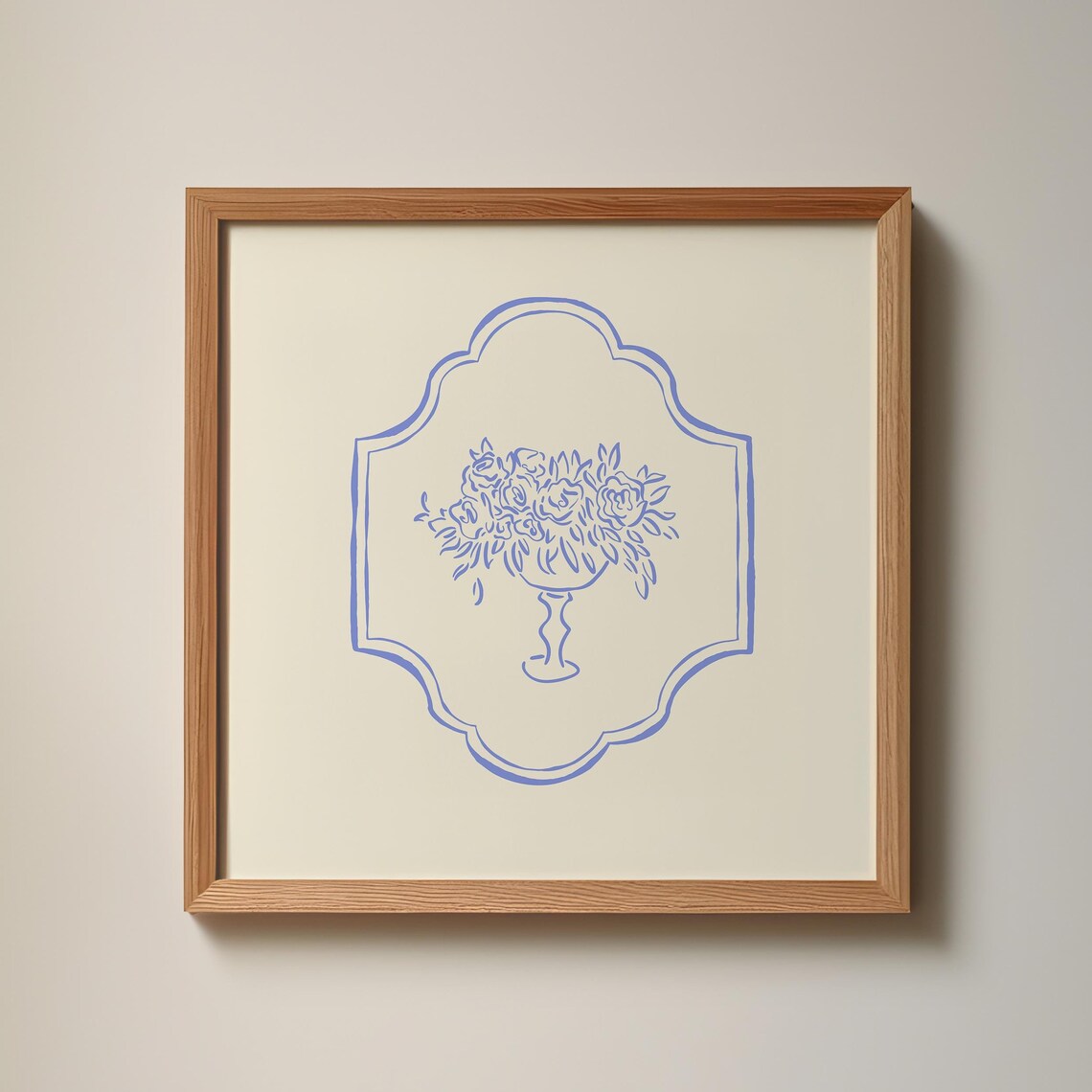 Blue Line Floral Bouquet Pedestal Vase Scalloped Frame Wall Poster