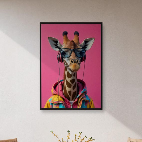 Framed Cool Giraffe Wall Art Print Funny Animal With Headphones And Hoodie Poster Hip Urban Decor Gift For Teen Room Or Modern Space