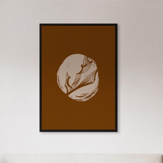Framed Brown Botanical Line Wall Art Print Abstract Leaf In Circle Poster Minimal Zen Nature Decor Gift For Calm Interiors Or Earthy Homes