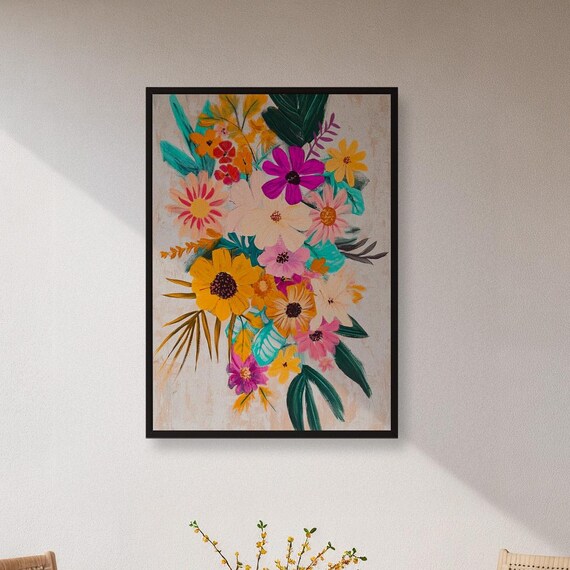 Framed Tropical Flower Wall Art Print Vibrant Botanical Poster With Colorful Leaves Summer Boho Decor Gift For Her Bedroom Or Patio